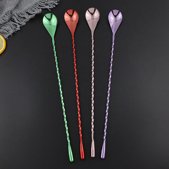 Factory Cross-Border Stainless Steel Threaded Cocktail Stirrer Long Handle Cocktail Mixing Stick Bar Tool Creative Water Drop Spoon