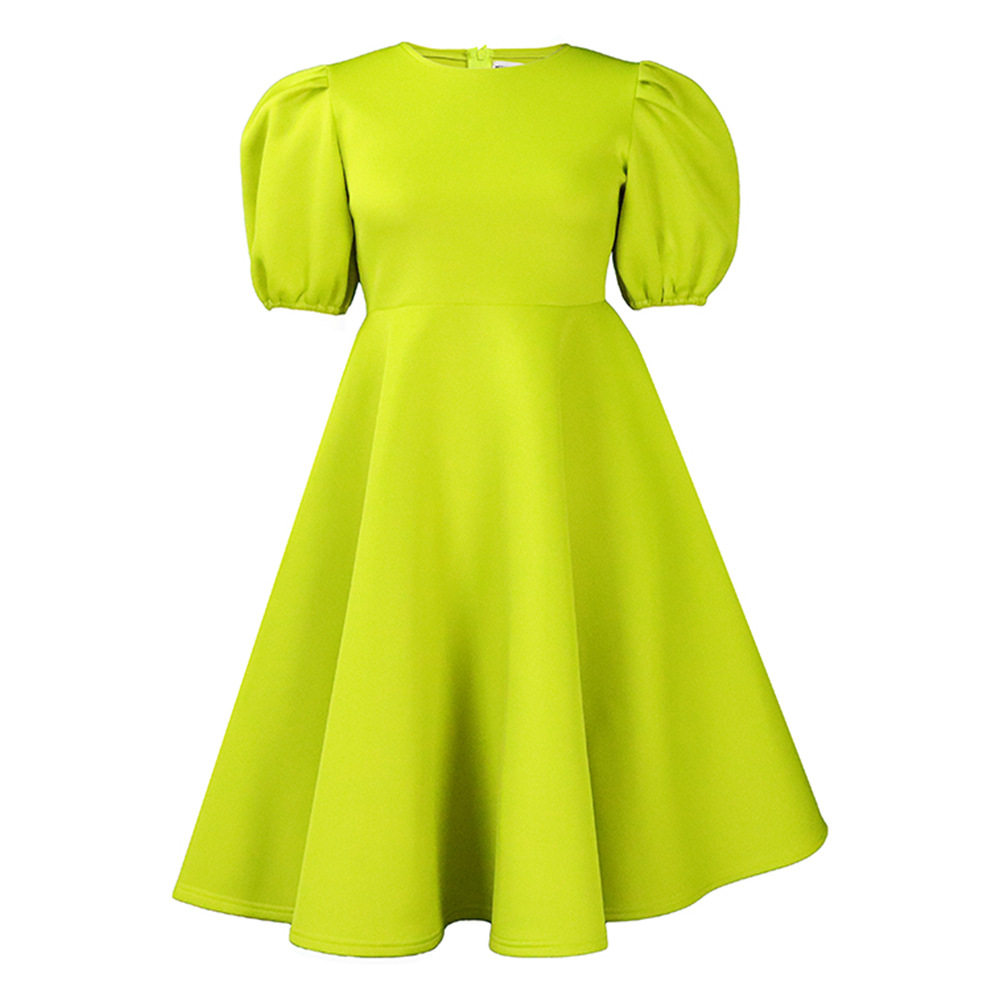 A Line Dress Round Neck Puff Sleeves Waist Defined Flowy Hem Elegant Evening Wear Wholesale Available