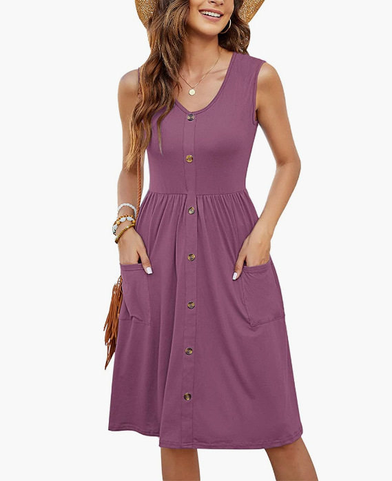 Sleeveless V Neck Dress Solid Color Button Pocket Casual Style Perfect for Summer Events Wholesale Available