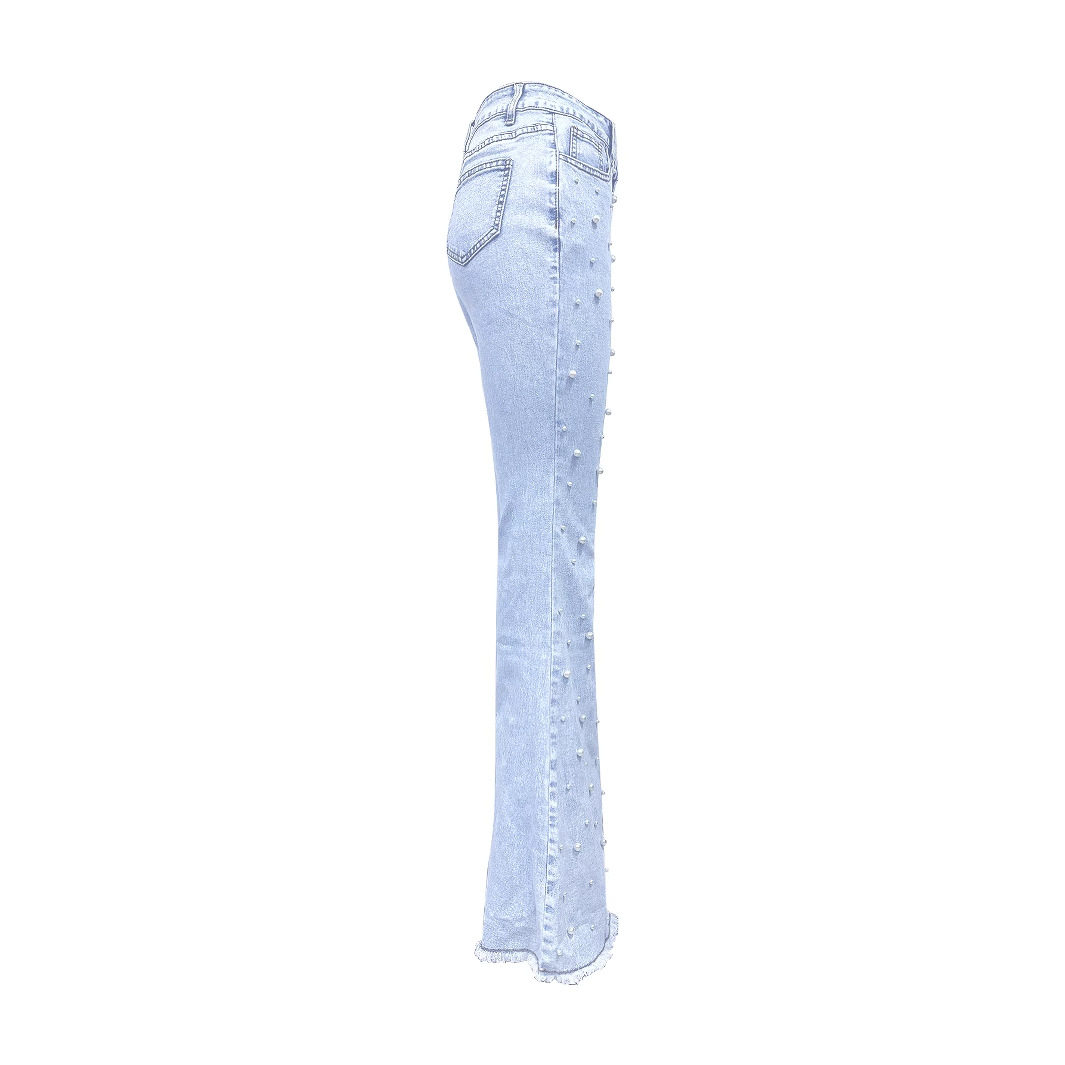 Womens Stretchy Flared Pearl Studded Denim Jeans Versatile Casual Style Perfect for Everyday Wear Wholesale Available