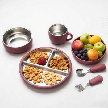 Cross-Border Popular Stainless Steel Dinner Plate with Suction Cup Set, Children's Feeding Tableware, Non-Slip Silicone Suction Cup Fork and Spoon Set