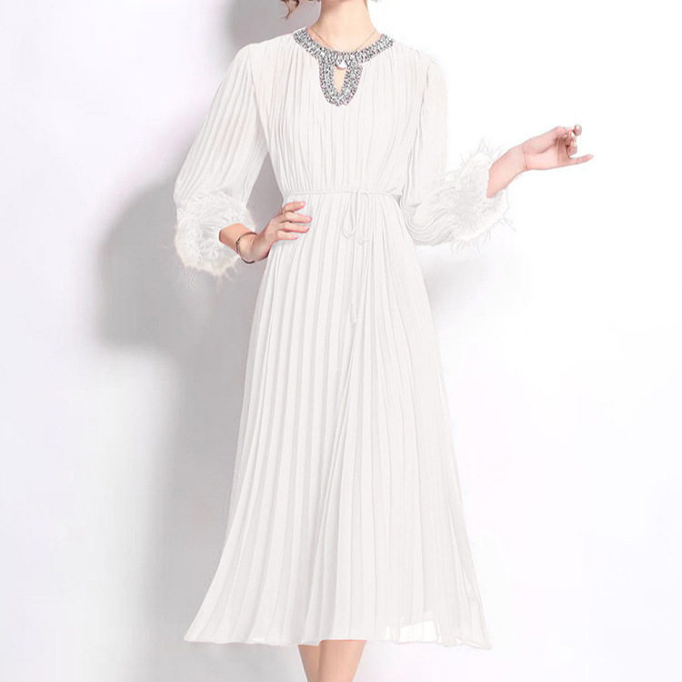 French Style Rhinestone Embellished Long Sleeve Dress Pleated Design Loose Fit Waist Tie Elegant Evening Wear