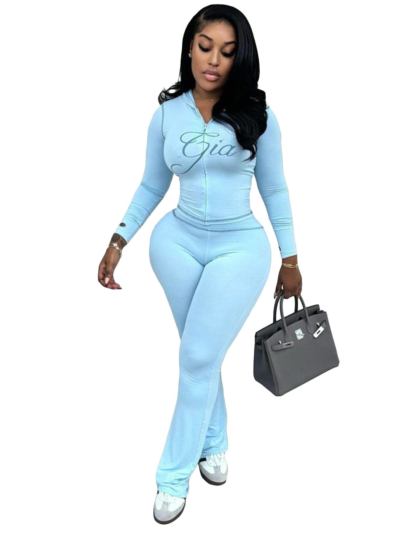 HR25071 欧美时尚女装跨境货源印花连帽长袖拇指扣微喇叭两件套装