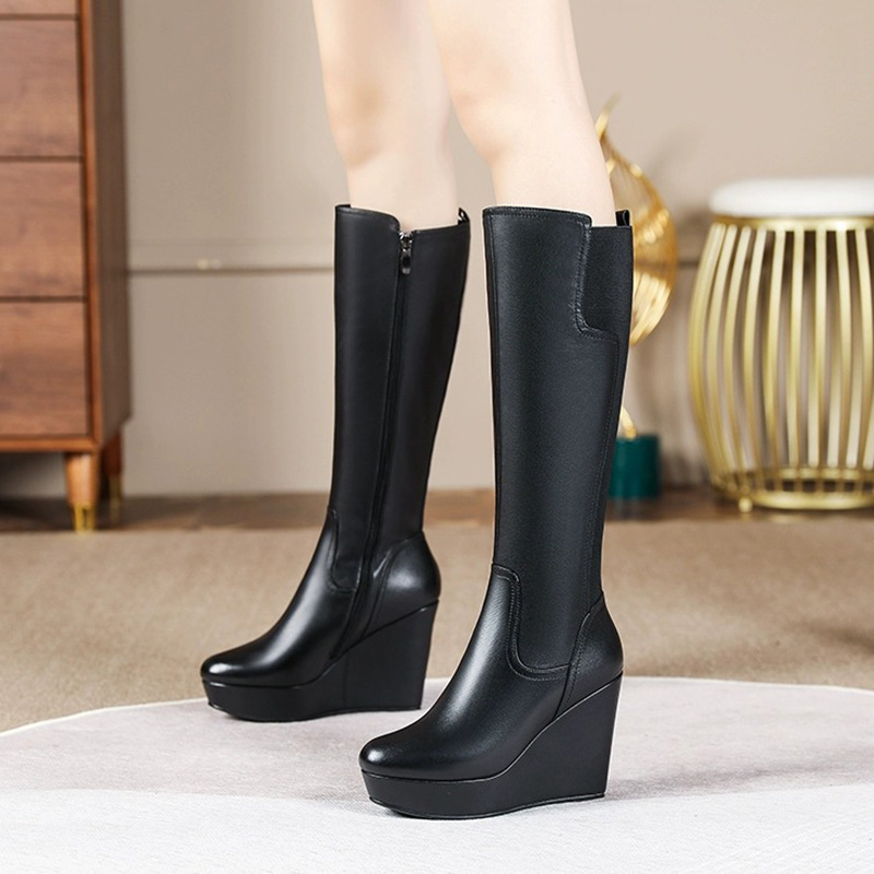 Boot nữ cổ cao gót xuồng mũi tròn phong cách Âu Mỹ tôn dáng — Màu đen lót một lớp, Màu đen lót nhung
