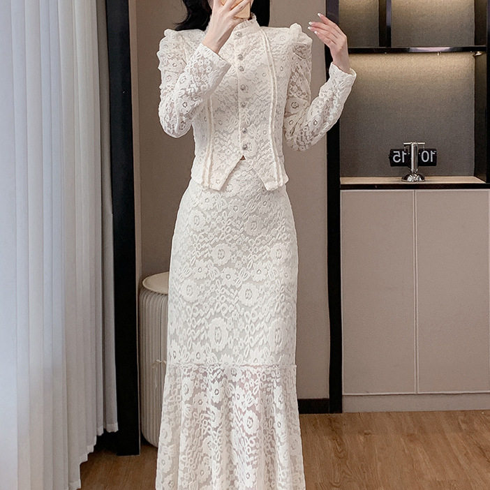 French Style Elegant Lace Top with Stand Collar and Puff Sleeves High Waist Mermaid Skirt Set Chic Two Piece Outfit for