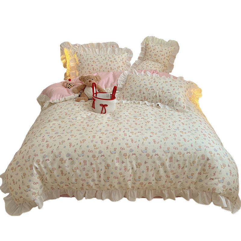 2025 New Princess Style 100 Pure Cotton Bed Skirt Four-Piece Set Internet Celebrity Cotton Quilt Cover Bedspread Bed Cover 1.8 Fitted Bed Sheets 4