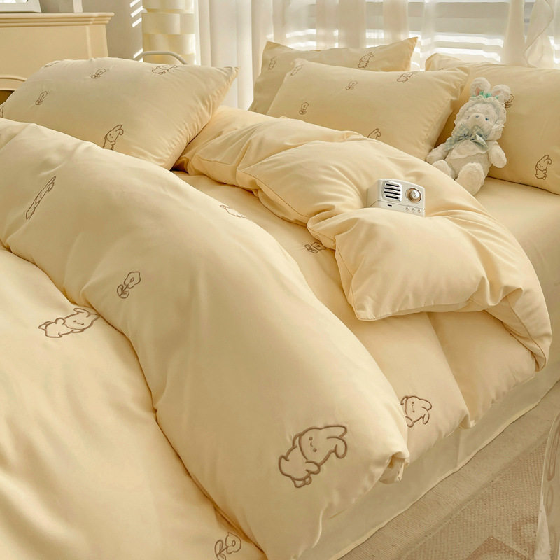 Simple Washed Cotton Four-piece Set Quilt Cover Bed Sheet Bed Hat Spring and Autumn Kit Korean Style Princess Style Cotton Bedding