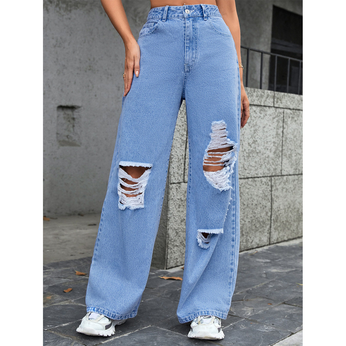 High Waisted Wide Leg Distressed Jeans Loose Fit Casual Style Trendy Design Perfect for Everyday Wear Wholesale