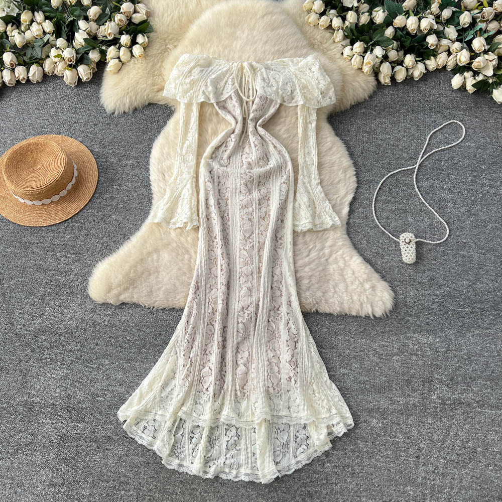 Off Shoulder Lace Hollow Out Dress Slim Fit Waist Cinching Elegant Style Perfect for Office and Special Occasions