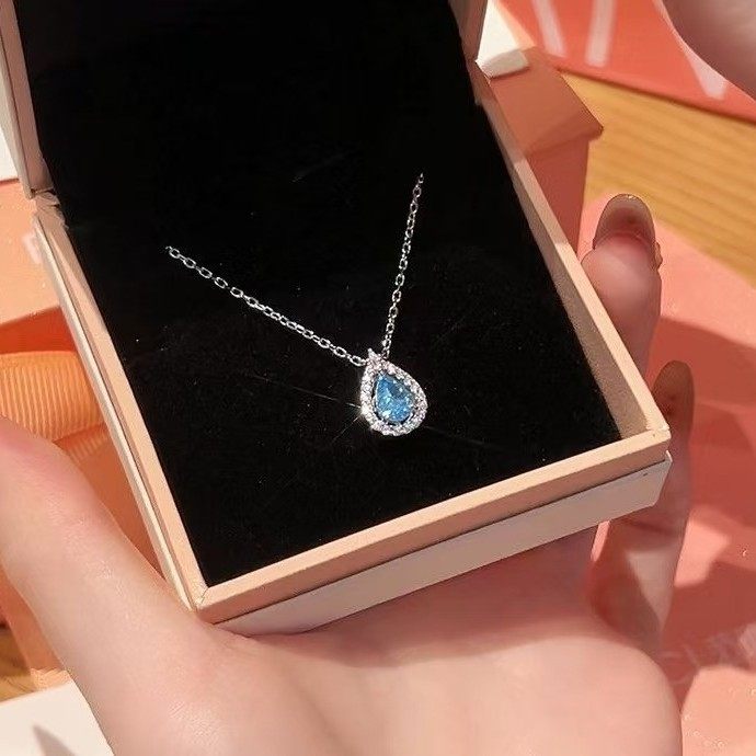 Fanjia White Copper Necklace with Logo Blue Tears Necklace Water Drop Niche Simple Clavicle Chain Fashion Gift for Girlfriend Birthday