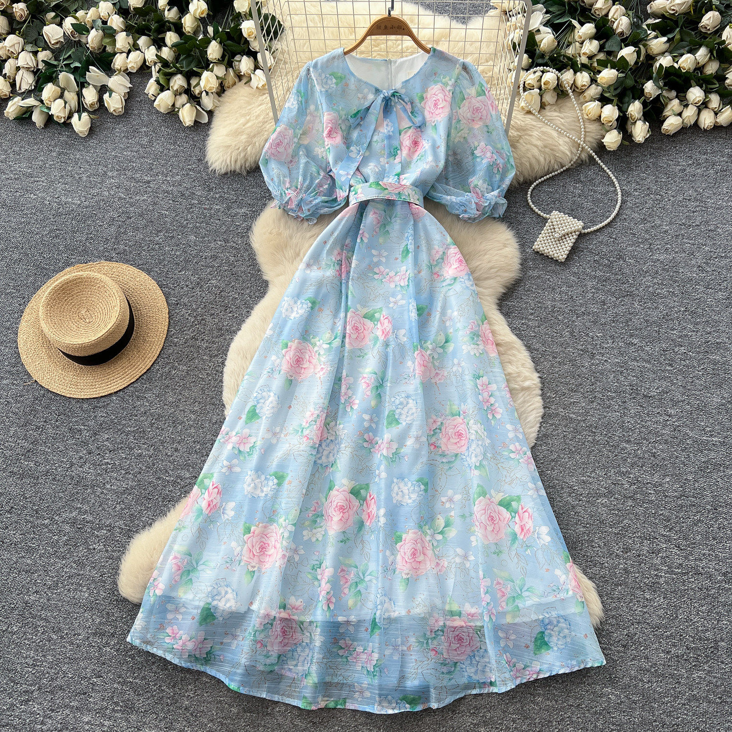 French Romantic Floral Tie Dress Summer V Neck Short Sleeve Waist Defined A Line Elegant Casual Wear Wholesale