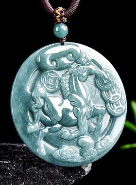 天然A货翡翠蓝水生肖马吊坠马牌冰种玉石挂件玉佩男女款项链玉器