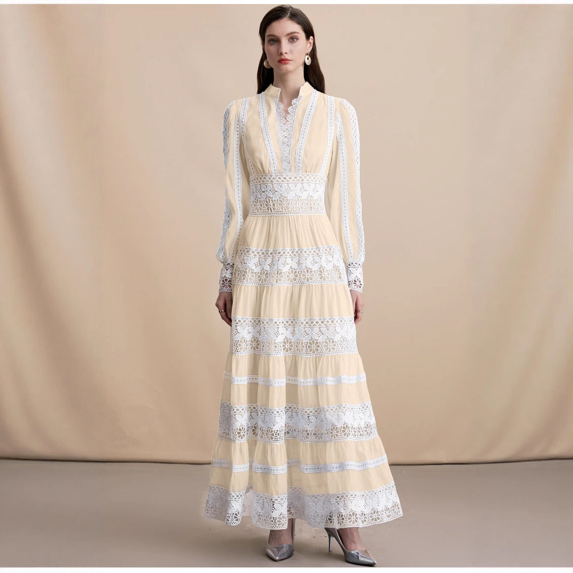 Elegant V Neck Lantern Sleeve Dress Stunning Lace Paneling Waist Defining Autumn Fashion Wholesale Available