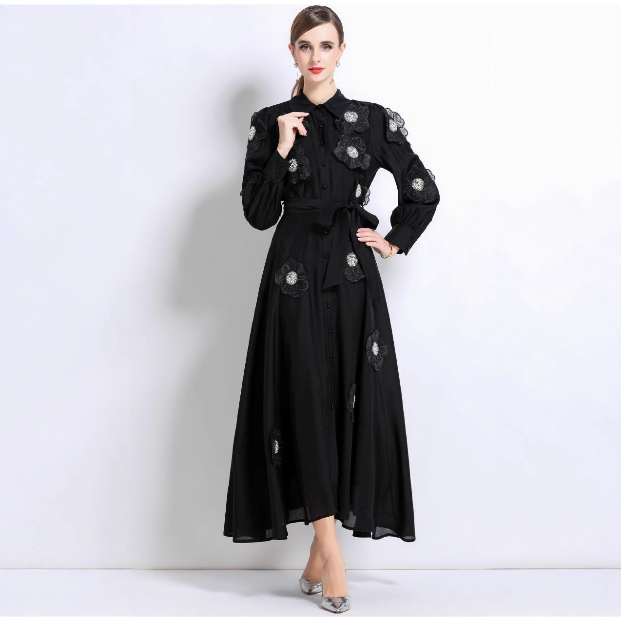 French High End Beaded Floral Long Sleeve Dress Slim Fit Waist Tie Button Closure Autumn Fashion for Women
