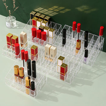 Lipstick Box Desktop Transparent Cosmetics Storage Box Non-Acrylic Popular Small Lip Glaze Plaid Ladder Makeup Rack