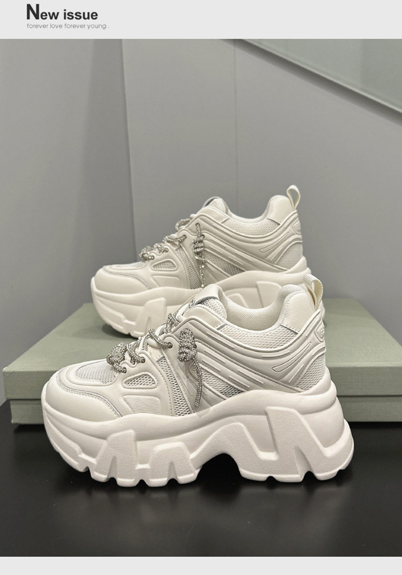 Giày sneaker nữ chạy bộ mesh thoáng khí đế cao 6-8 cm, mũi tròn, dây buộc — Len thuần, Ka ki chi tiết 11