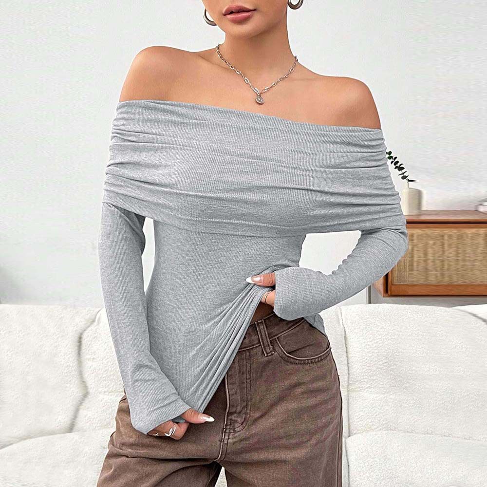Womens Knit Long Sleeve Top Off Shoulder Slim Fit Fashionable Design Autumn Winter Style Wholesale Available