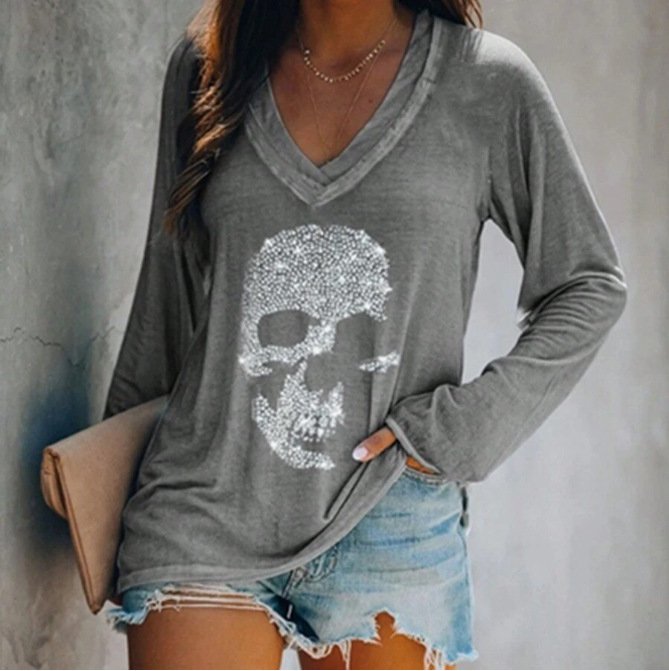 外贸跨境夏季女装简约休闲v领长袖T恤印花T恤女 独立站厂家货源