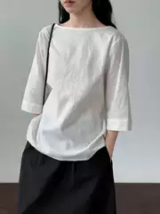 Luxi Minimalist High-End Off-Shoulder 3/4 Sleeve T-Shirt Women Summer New Casual Cotton Linen Top Blouse 2681