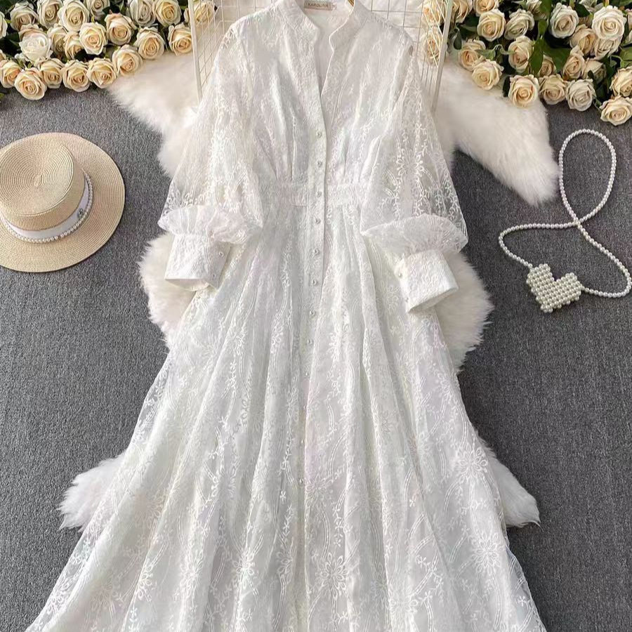 French Vintage Elegant Dress High End Aesthetic Stand Collar Single Breasted Embroidered Waist Defining Evening