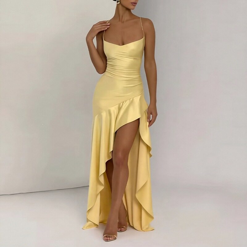 Womens Spring Dress Elegant Solid Color with Ruffle Hem Irregular Design for Casual or Formal Occasions Wholesale