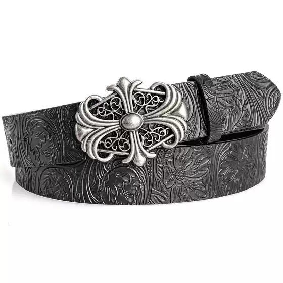 New European & American Women's Belt Vintage Cross Engraved Buckle Trendy Printed Jeans Belt Unisex