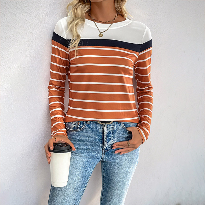 Casual Striped Long Sleeve Top for Women Round Neck Autumn Collection Comfortable Fabric Wholesale Available