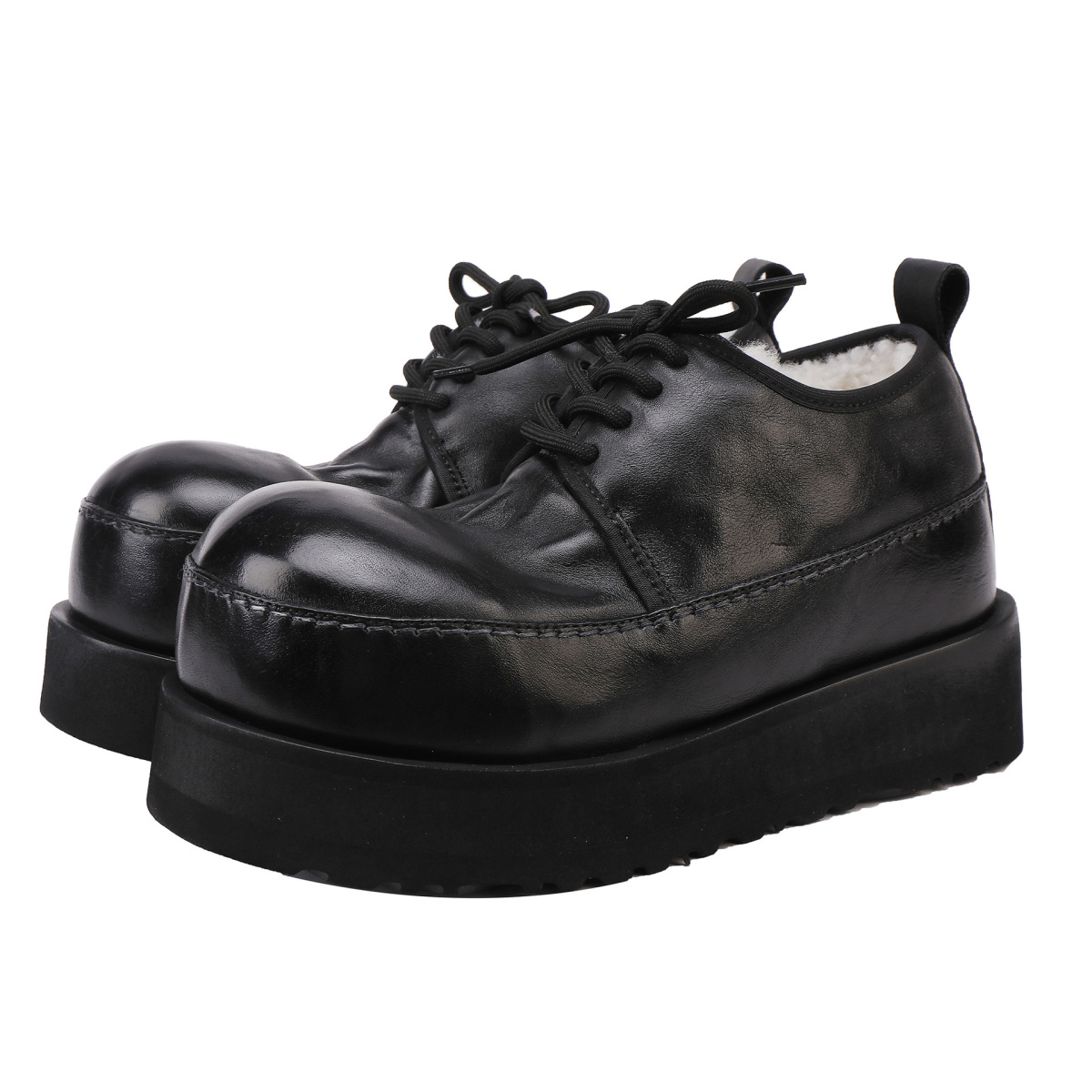 Giày boot nữ cổ cao da bò lót lông cừu đế dày buộc dây — Kaki, màu đen