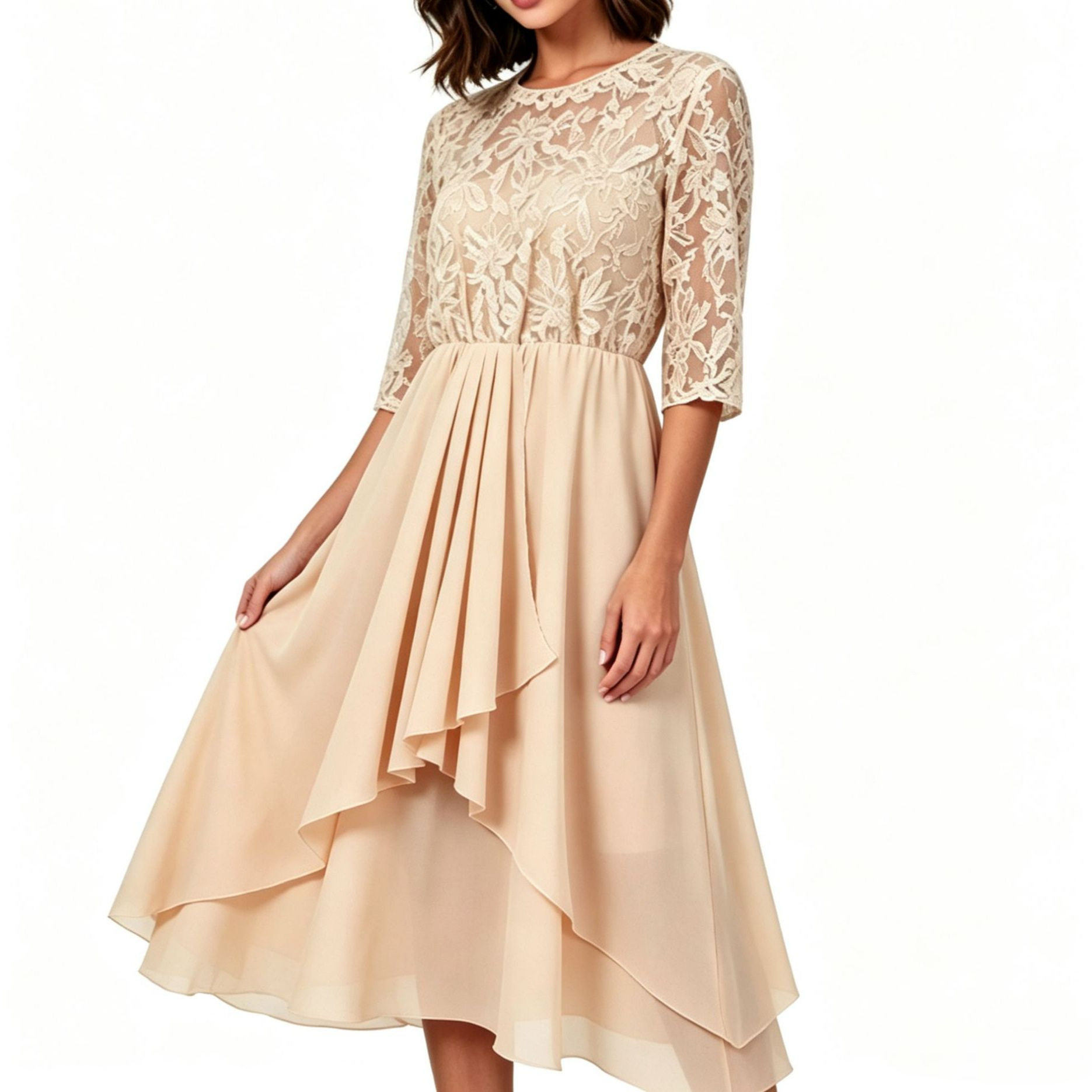 Lace Chiffon Dress Round Neck Irregular Hem Summer Style Perfect for Parties and Events Wholesale Available