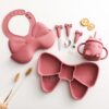 Amazon New Silicone Tableware suit Children's Supplementary Food Bow Split Plate Baby Dining Bib Fork Spoon