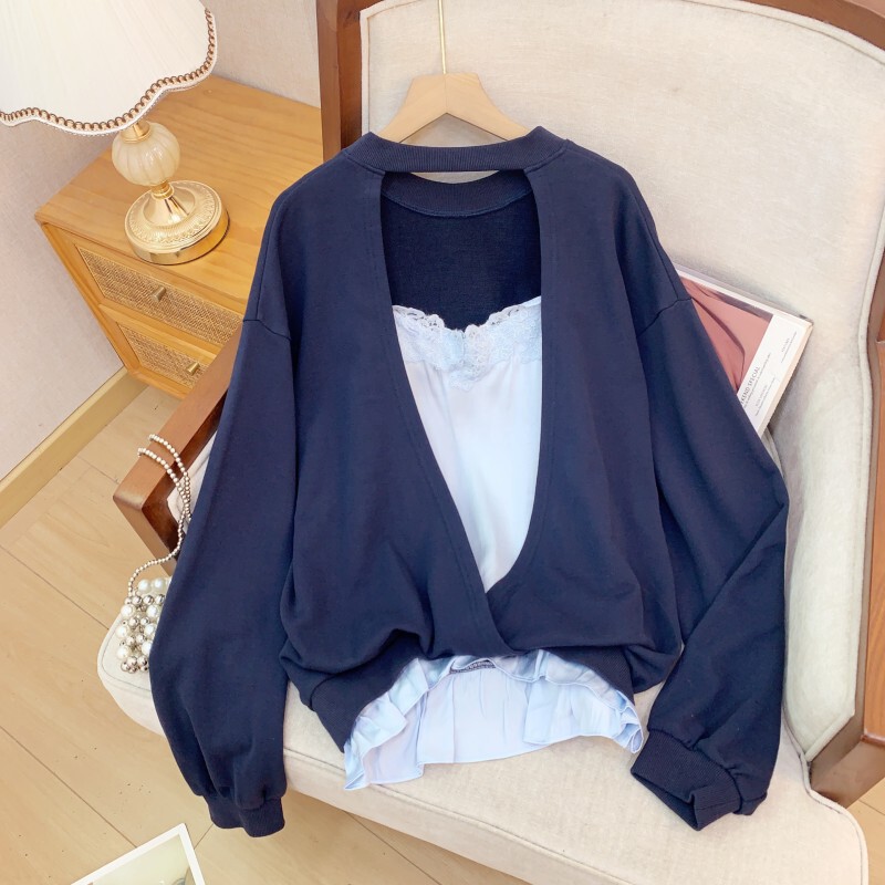 Bộ đôi áo hoodie cổ tròn vai trễ phối quần ống rộng màu trơn phong cách tối giản — Quần màu xanh navy, Áo màu xanh navy