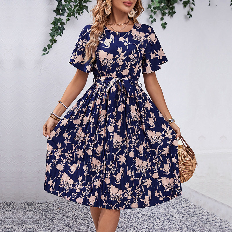 Floral Print A Line Dress Elegant Design Waist Defining Summer Style Perfect for Parties and Casual Outings