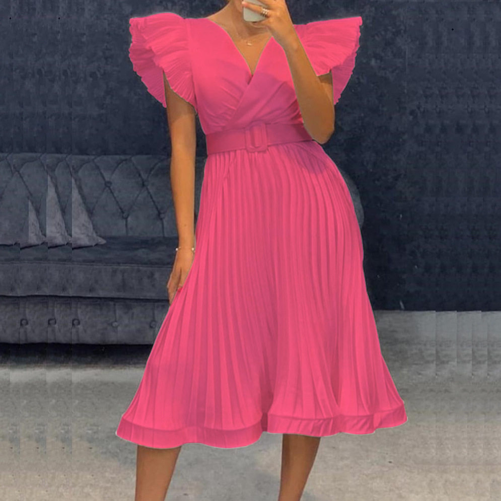 Womens V Neck Pleated Dress with Flutter Sleeves Elegant Design Belt Included Perfect for Parties and Events