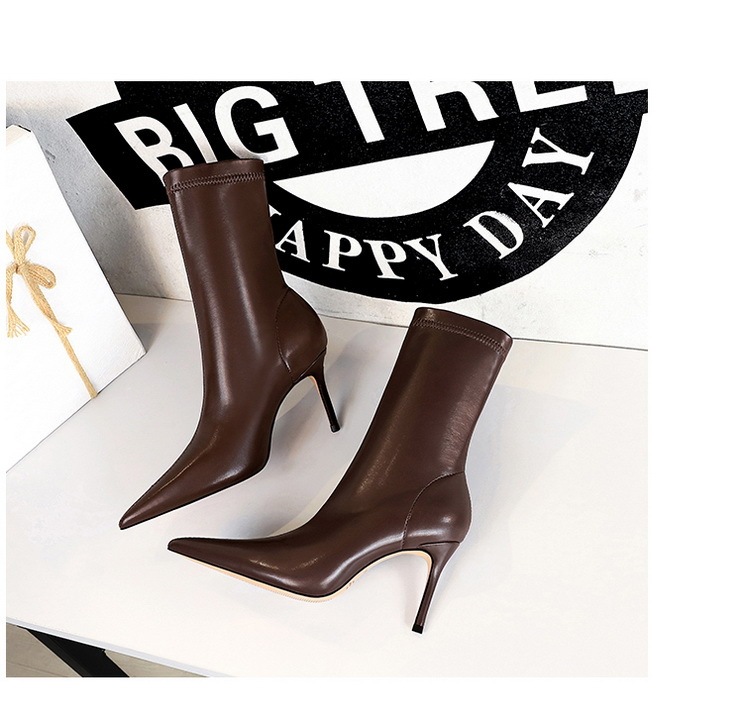 Boot nữ cổ thấp mũi nhọn gót nhọn cao 7.5cm phong cách thanh lịch — Màu đen lót một lớp, Màu đen lót nhung, Màu Kaki lót nhung, Màu Kaki một lớp lót trong