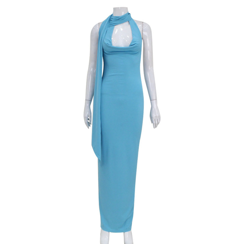 Elegant Halter Neck Bodycon Dress Slim Fit Flowing Ribbons High Quality Fabric Evening Wear Cocktail Parties OEM