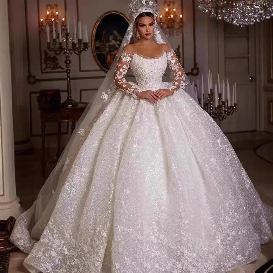 wedding dress lace long-sleeved high-waist main wedding dress three-dimensional flower bride wedding dress
