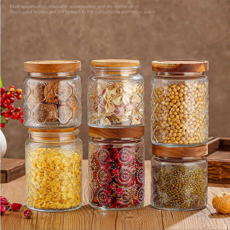 Wooden Lid Antique Embossed Glass Sealed Jar Bamboo Lid Vintage Kitchen Storage Jar Household Seasoning Storage Jar