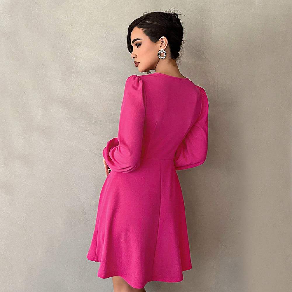 Womens Mini A Line Dress V Neck Puff Sleeves Waist Defined Elegant Autumn Winter Style Wholesale Available