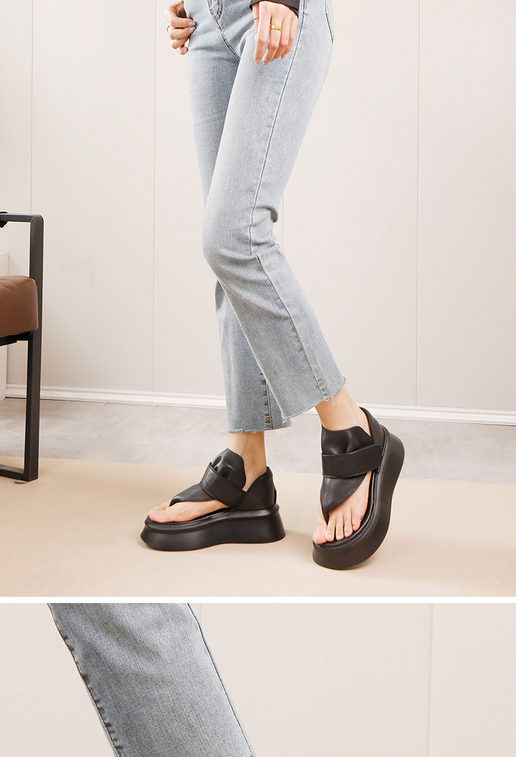 Sandal nữ quai ngang kẹp ngón da bò thật đế dày nhẹ — Màu đen