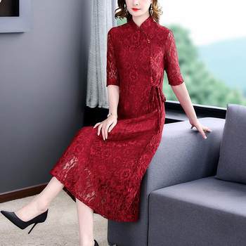 Improved Version of Cheongsam Dress for Women 2024 Summer New Fashion Style Stand-Up Collar Wedding Banquet Dress for Mother-In-Law Lace