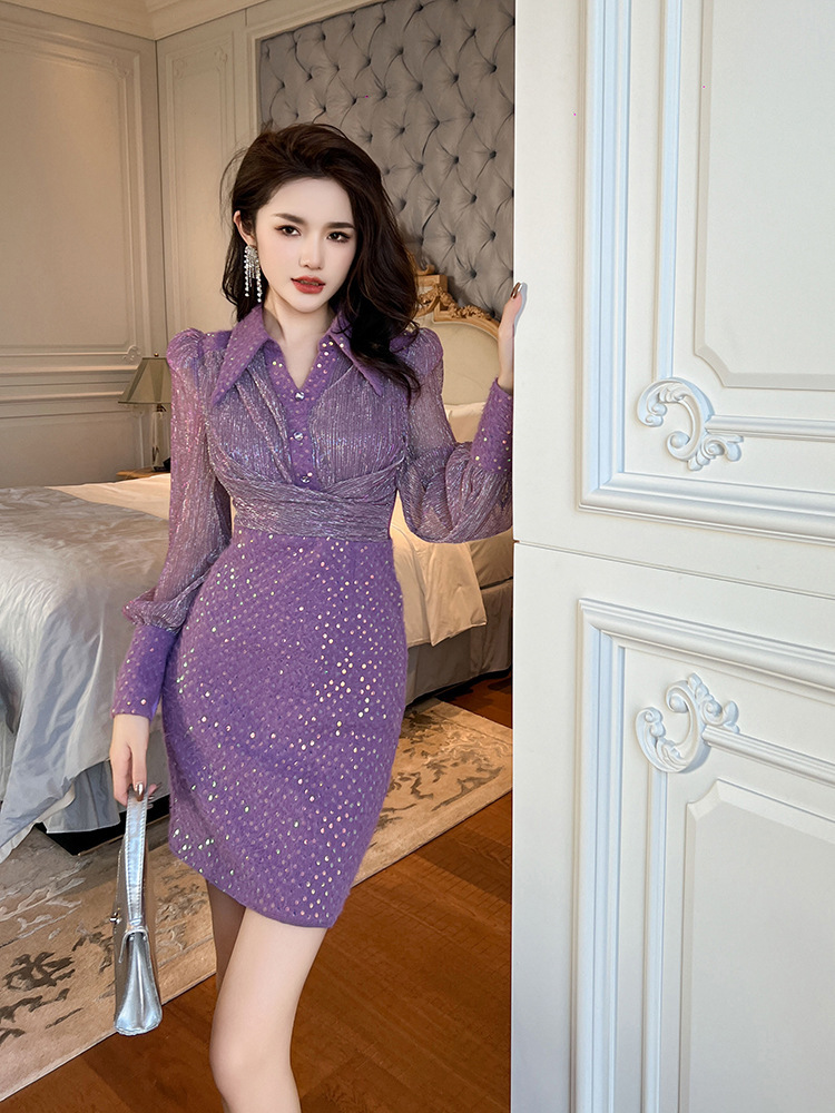 Đầm nữ cổ polo thắt nút phối sequin dáng ôm — Màu thạch anh tím
