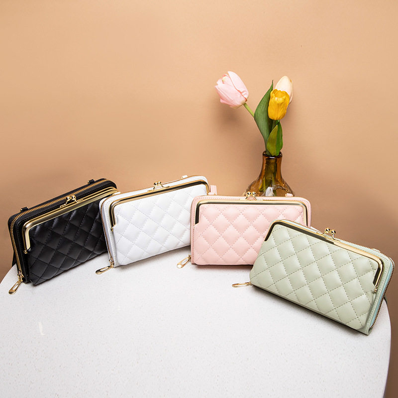 2022 New Women's Long Double Layer Mobile Phone Wallet Clip Lock Diamond Zipper Shoulder Crossbody Bag One Piece
