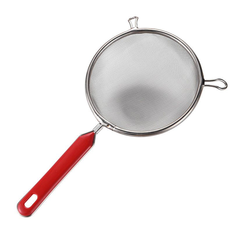 Stainless Steel Short Handle Binaural Mesh Leak Colander Creative Red Handle Flour Sieve Filter Spoon Mesh Kitchen Gadget