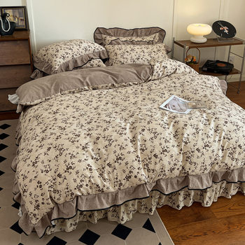 Class a Bed Cover Four-Piece Set Linen Wrinkled Yarn Quilt Cover Bed Cotton French Bed Bed Sheets Lace Three or Four-Piece Set