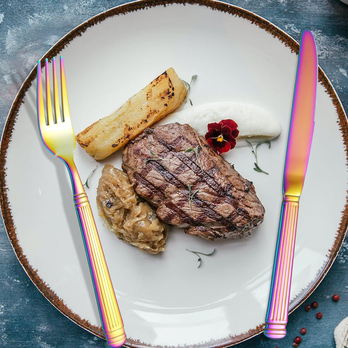 Cross-border Roman column stainless steel Western tableware knife, fork and spoon hotel household steak knife dessert spoon five-piece set