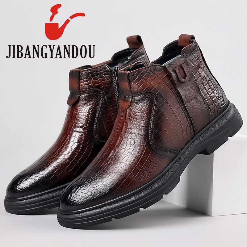 Giày Boot Nam Da Bò Lót Lông Cừu Cao Cổ Chiều Cao Đế Khoảng 3cm Màu Nâu, Đen