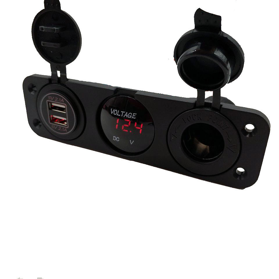 Universal 12-24V Three-In-One Rubber Plate Combination Car Charger with Dual USB and Cigarette Lighter Voltage Meter for Motorcycles and Cars