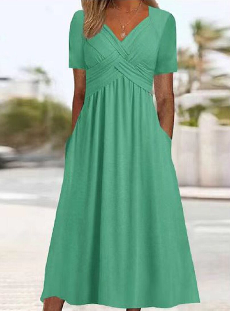 Womens Solid Color V Neck Short Sleeve Dress Trendy Design Comfortable Fabric Perfect for Fall Wholesale Available