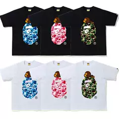 Japanese Trendy Brand Bape Short-Sleeve T-Shirt with Sleeping Monkey Camouflage Ape Head Print, Summer T-Shirt for Couples, Casual Sports Half-Sleeve Short T-Shirt