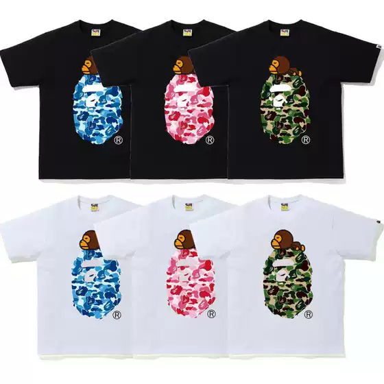 Japanese Trendy Brand Bape Short-Sleeve T-Shirt with Sleeping Monkey Camouflage Ape Head Print, Summer T-Shirt for Couples, Casual Sports Half-Sleeve Short T-Shirt